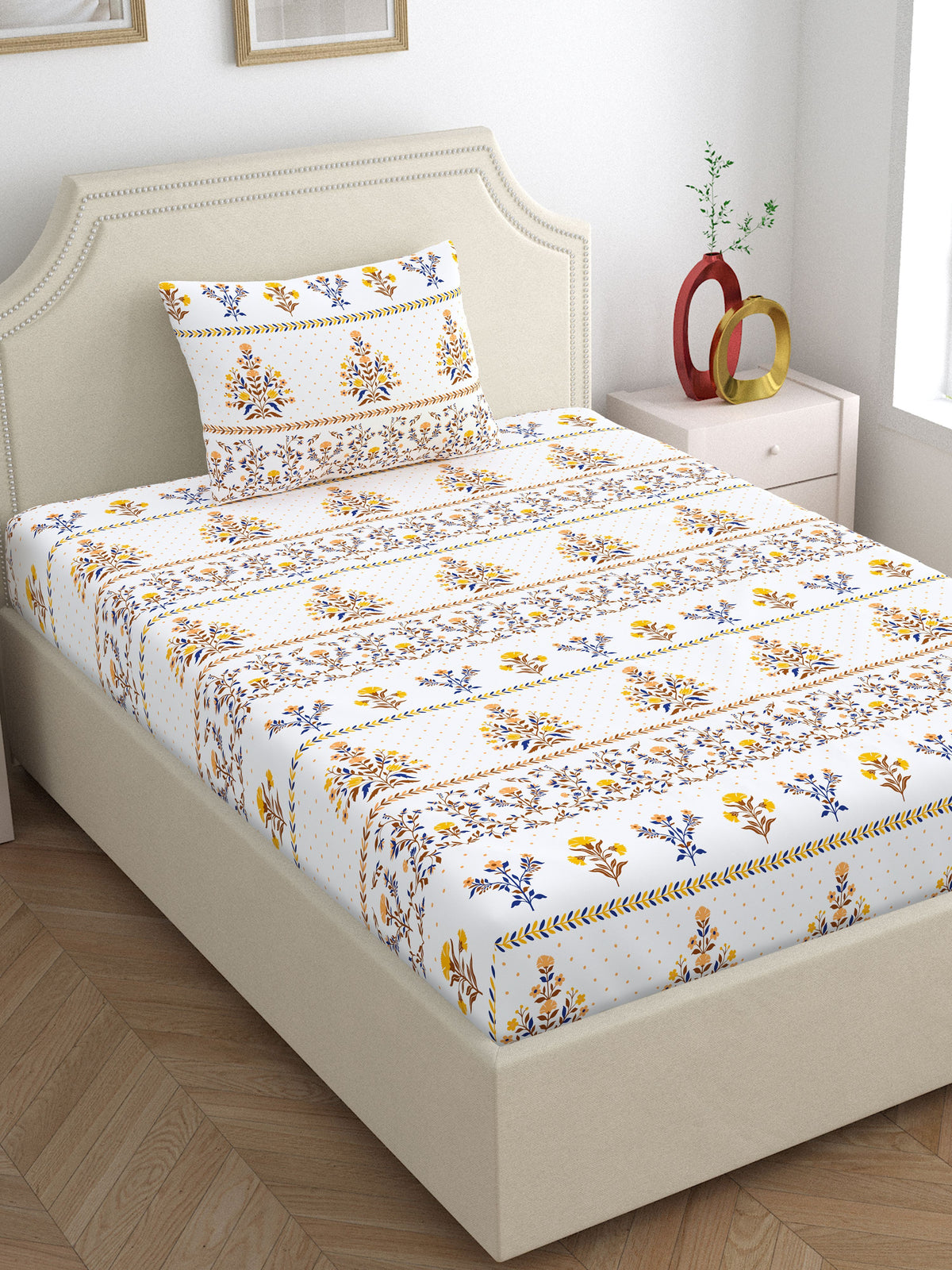 Home Ecstasy 100% Cotton 140 TC Floral Bedsheet Set - Colour: Brown