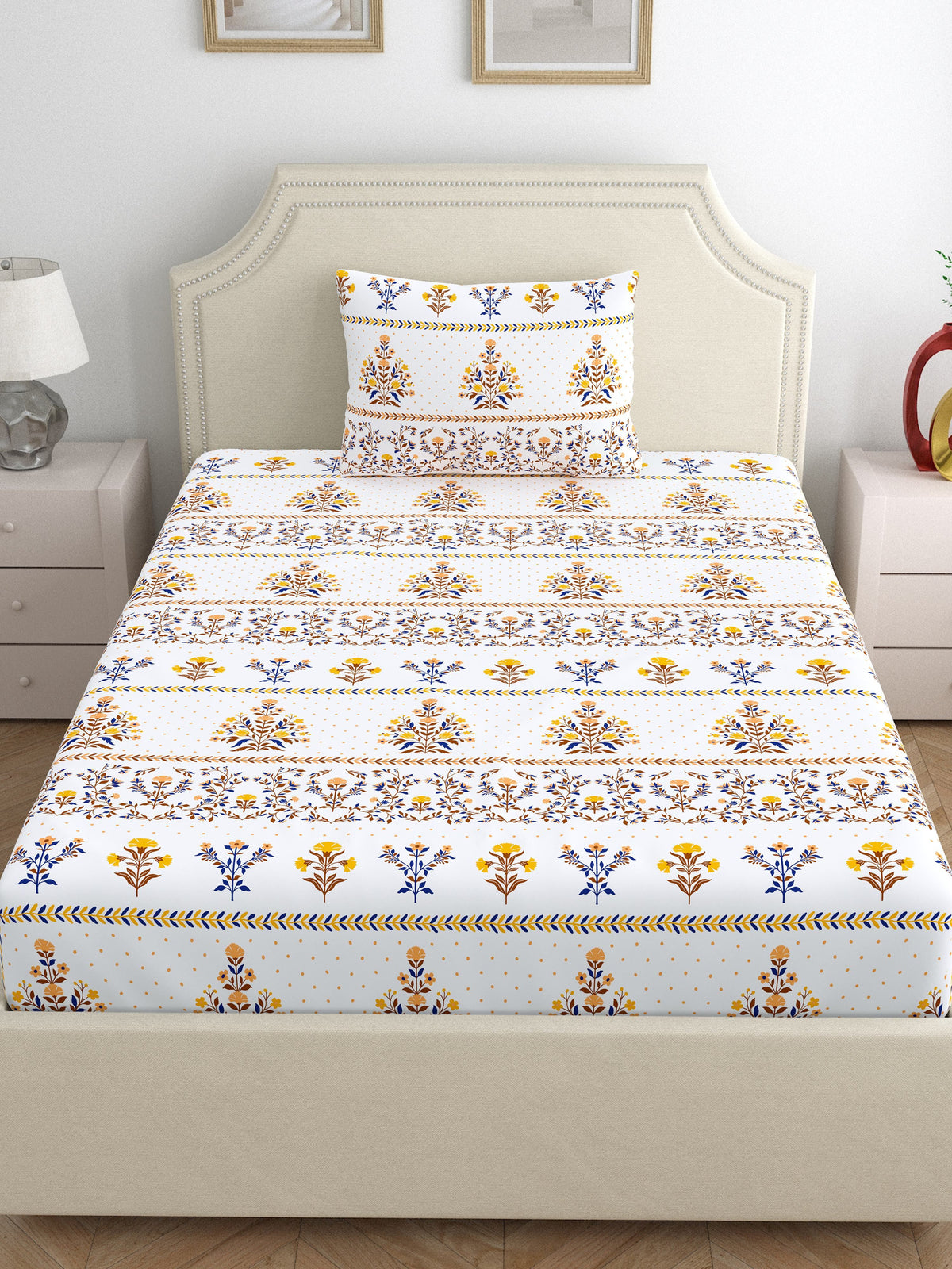 Home Ecstasy 100% Cotton 140 TC Floral Bedsheet Set - Colour: Brown
