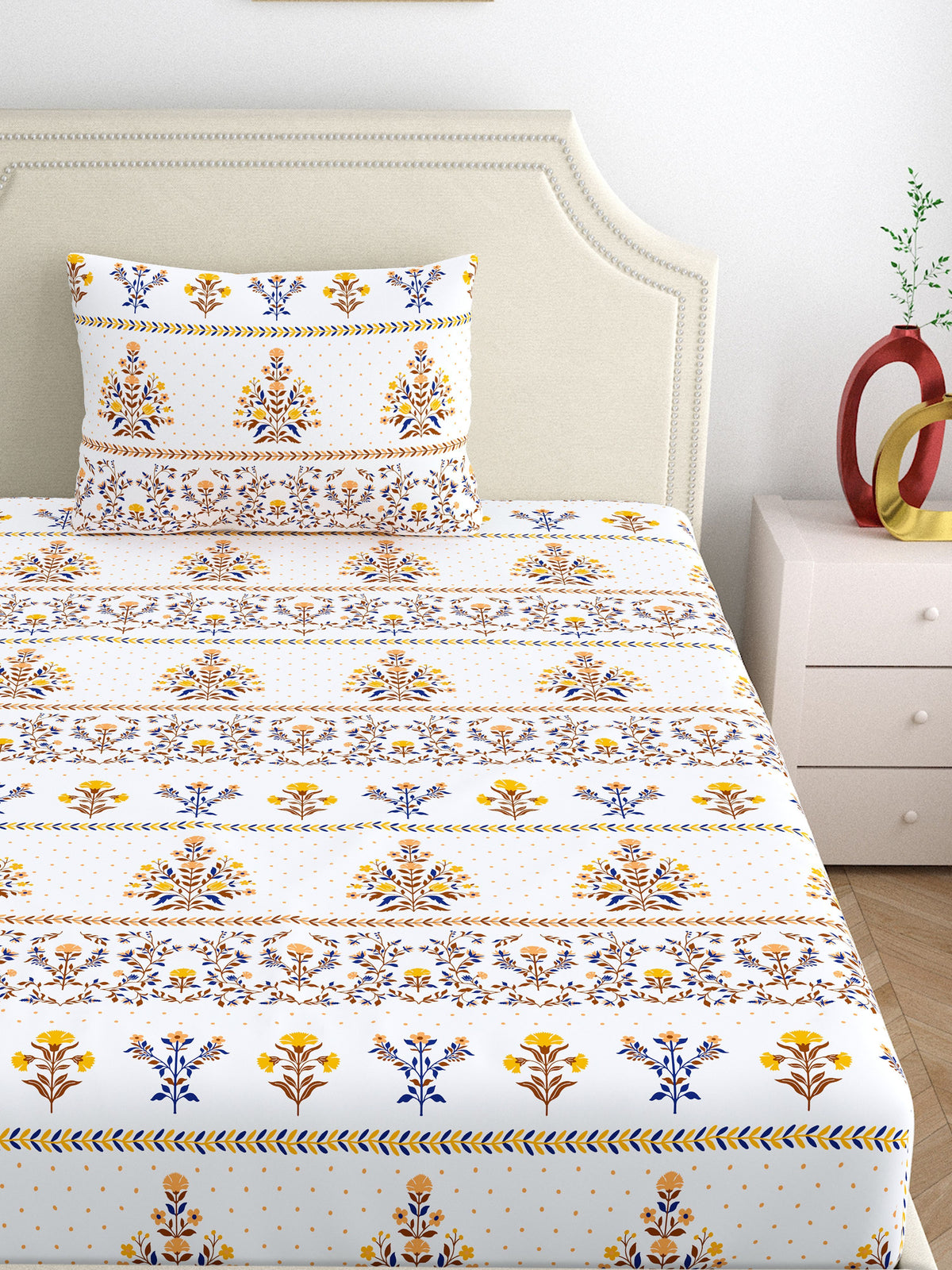 Home Ecstasy 100% Cotton 140 TC Floral Bedsheet Set - Colour: Brown