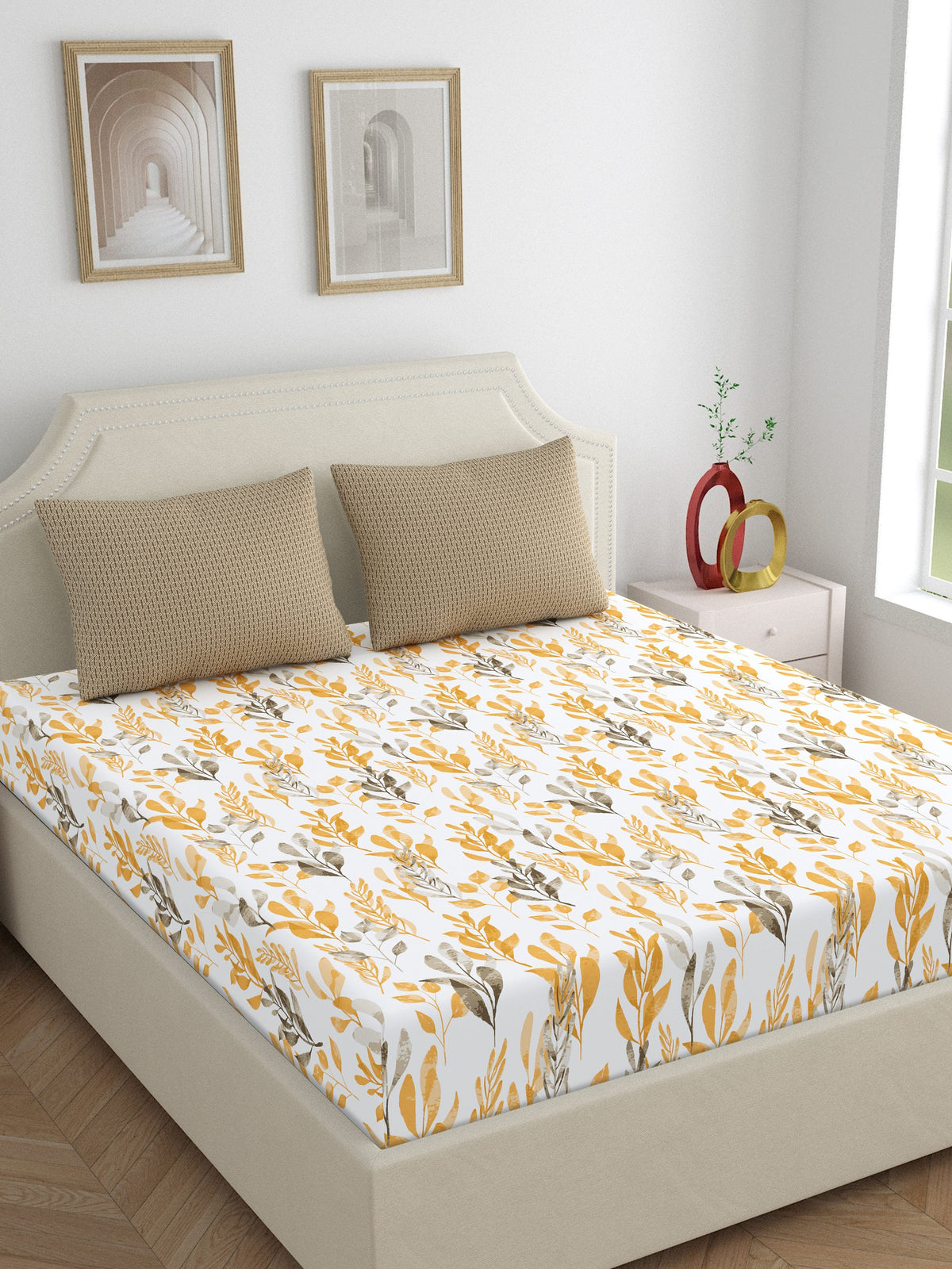 Home Ecstasy 100% Cotton 140 TC Floral Bedsheet Set - Colour: Brown