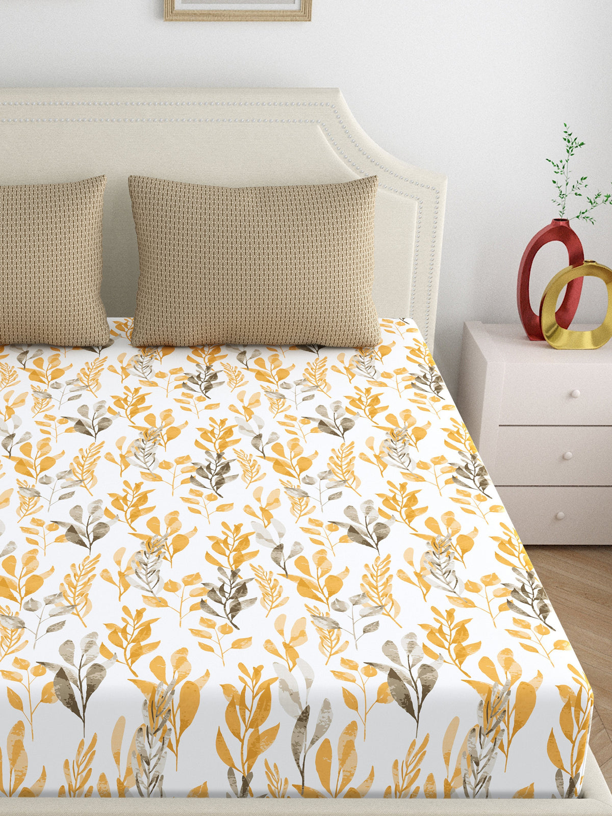 Home Ecstasy 100% Cotton 140 TC Floral Bedsheet Set - Colour: Brown