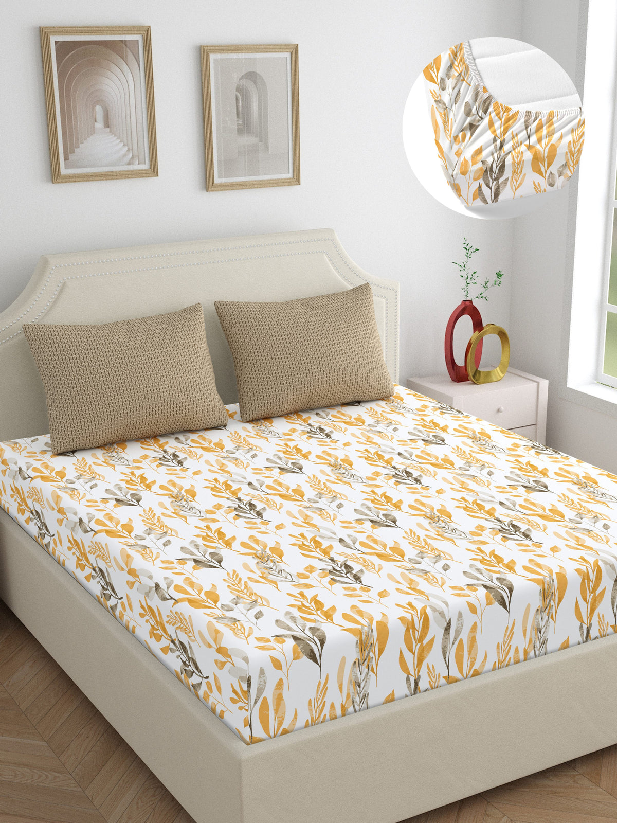 Home Ecstasy 100% Cotton 140 TC Floral Bedsheet Set - Colour: Brown