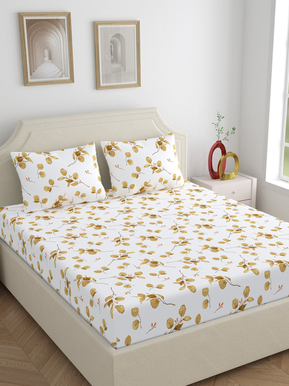 Home Ecstasy 100% Cotton 140 TC Floral Bedsheet Set - Colour: Brown