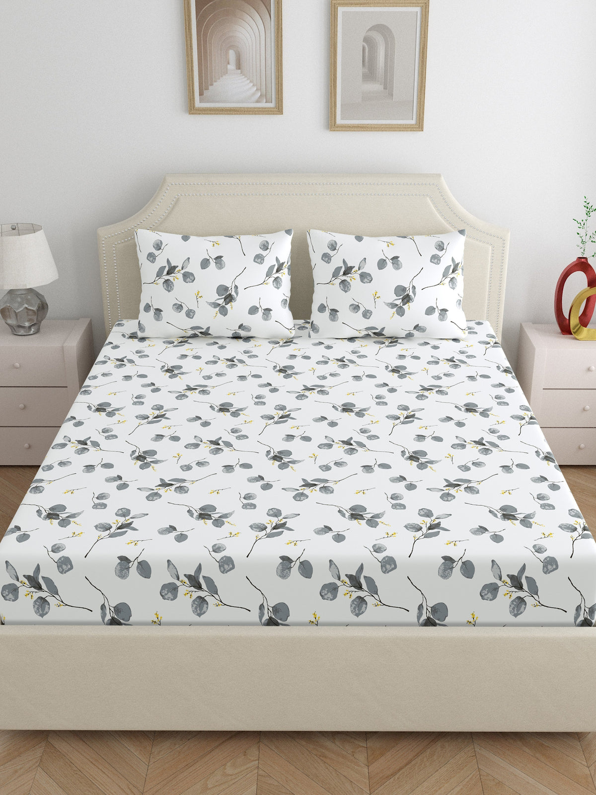 Home Ecstasy 100% Cotton 140 TC Floral Bedsheet Set - Colour: Grey