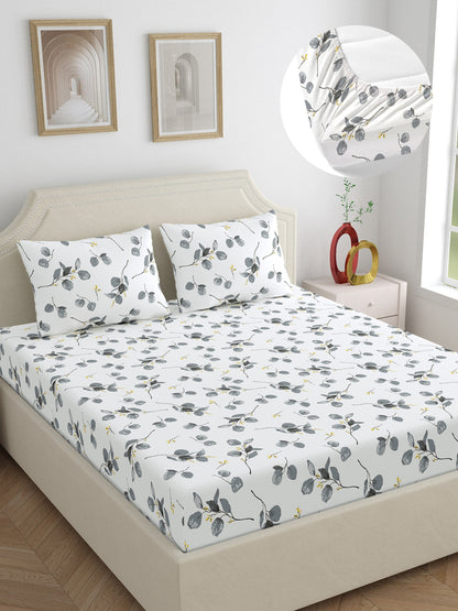 Home Ecstasy 100% Cotton 140 TC Floral Bedsheet Set - Colour: Grey