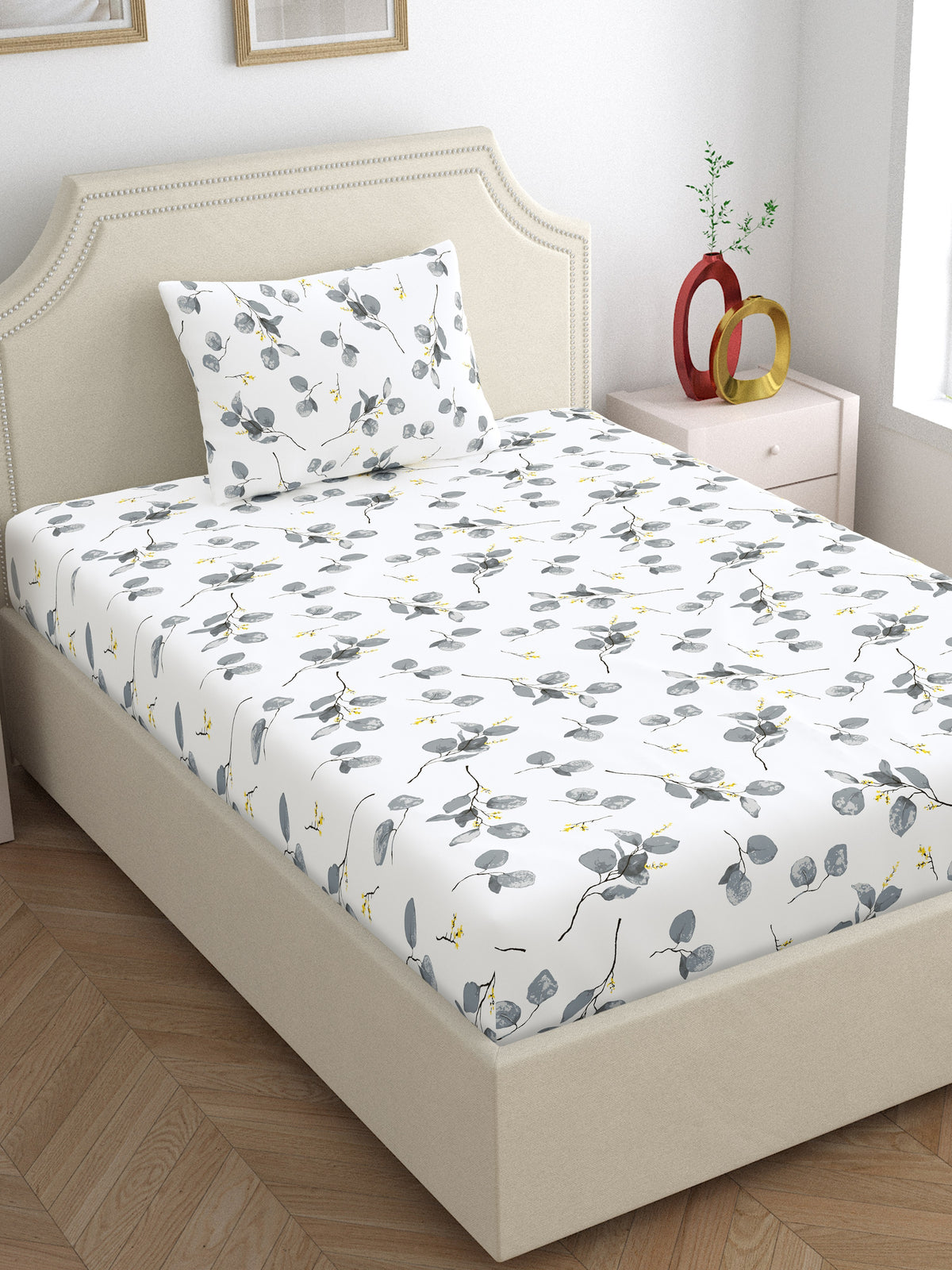 Home Ecstasy 100% Cotton 140 TC Floral Bedsheet Set - Colour: Grey