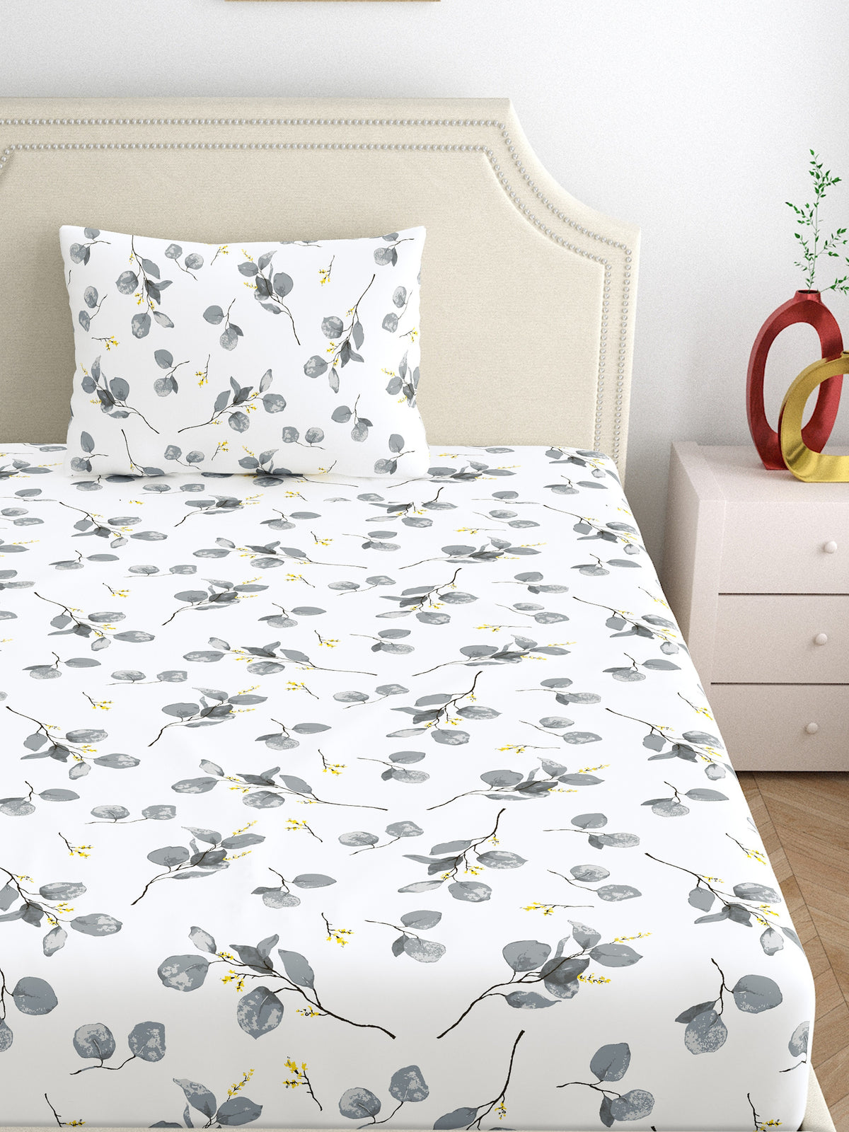 Home Ecstasy 100% Cotton 140 TC Floral Bedsheet Set - Colour: Grey