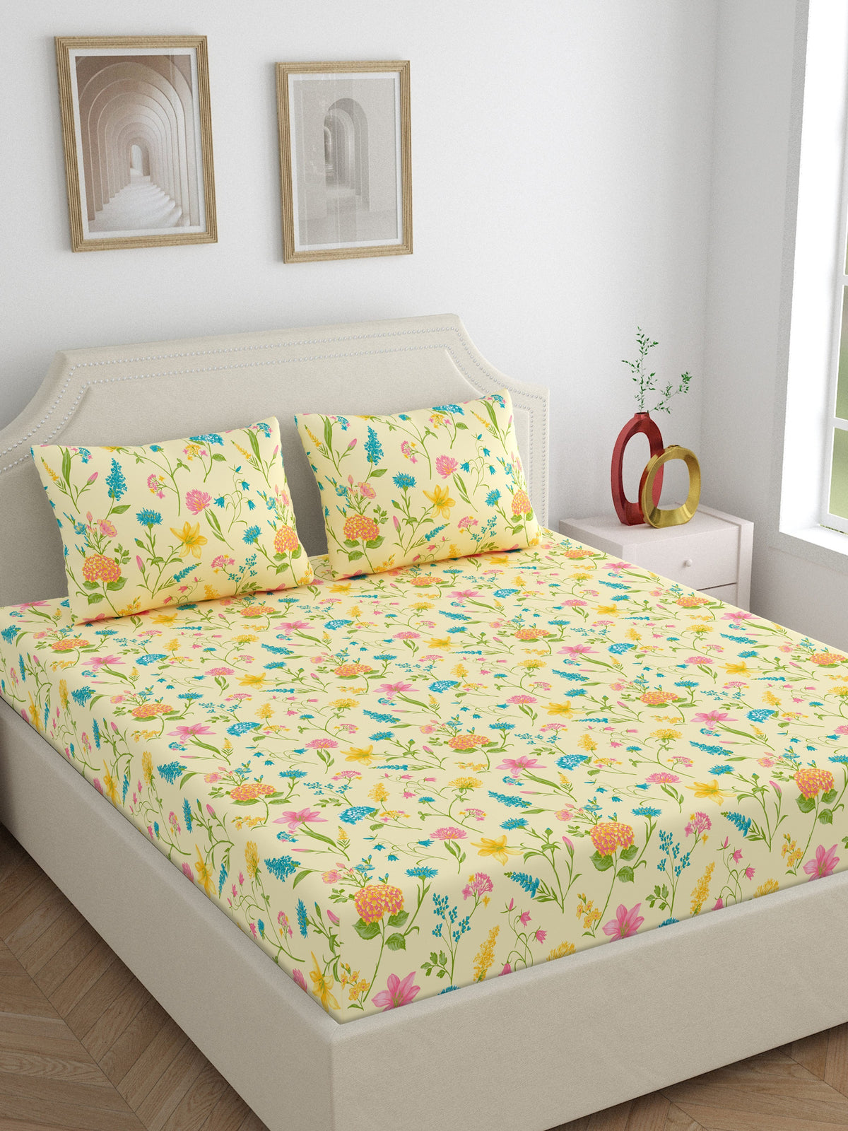 Home Ecstasy 100% Cotton 140 TC Floral Bedsheet Set - Colour: Cream