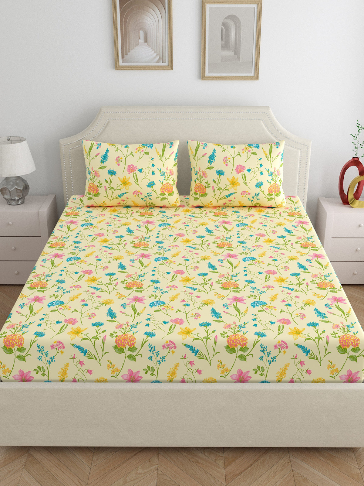 Home Ecstasy 100% Cotton 140 TC Floral Bedsheet Set - Colour: Cream