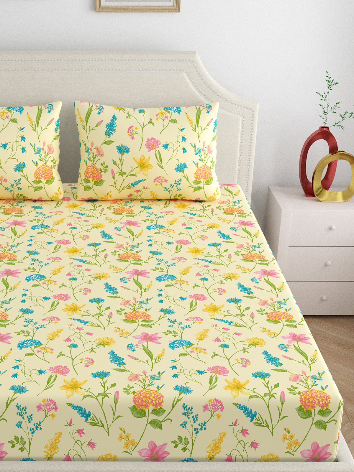 Home Ecstasy 100% Cotton 140 TC Floral Bedsheet Set - Colour: Cream