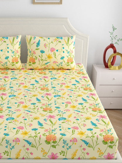 Home Ecstasy 100% Cotton 140 TC Floral Bedsheet Set - Colour: Cream