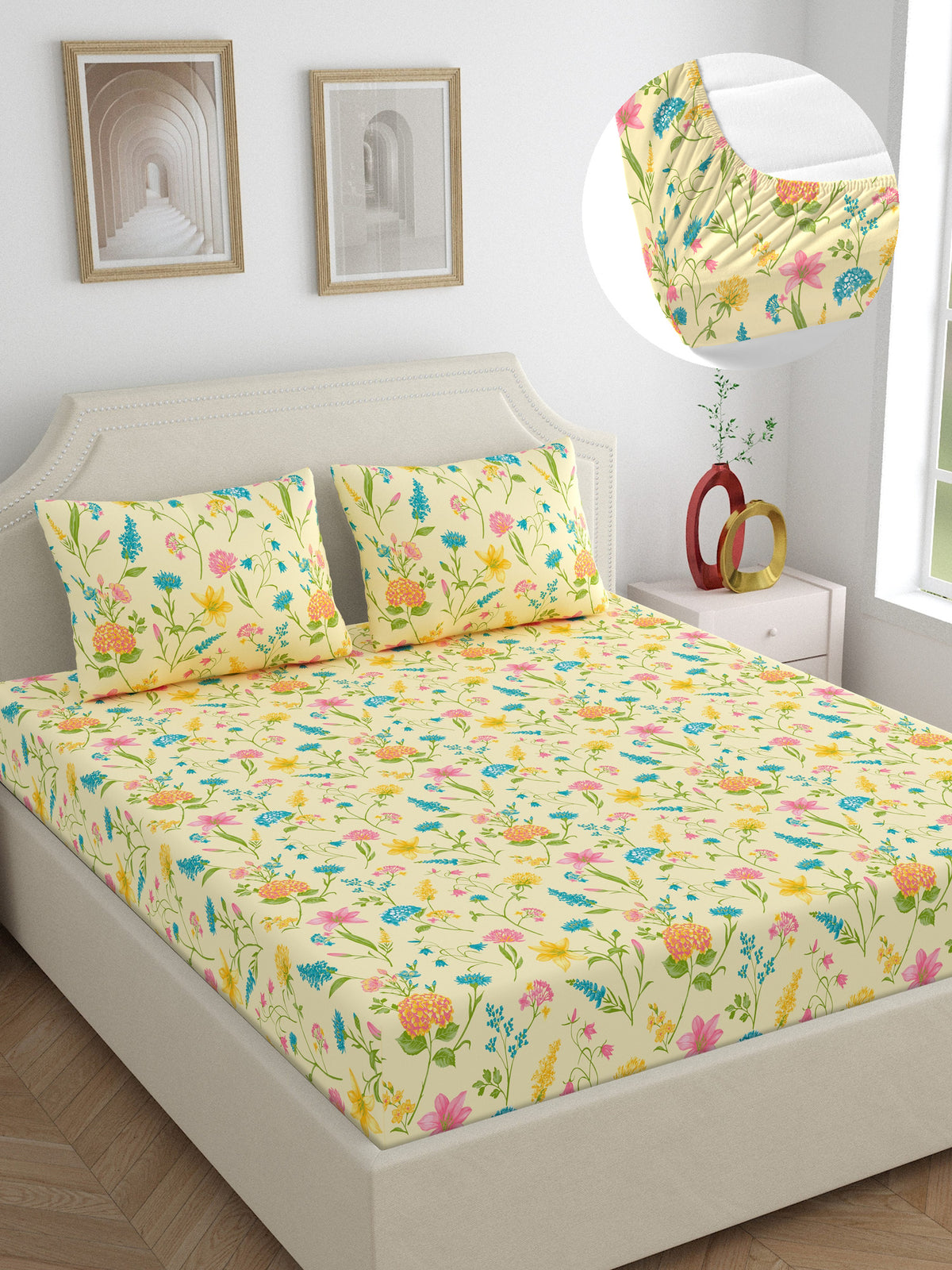 Home Ecstasy 100% Cotton 140 TC Floral Bedsheet Set - Colour: Cream