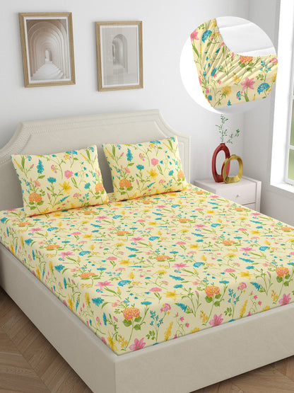 Home Ecstasy 100% Cotton 140 TC Floral Bedsheet Set - Colour: Cream