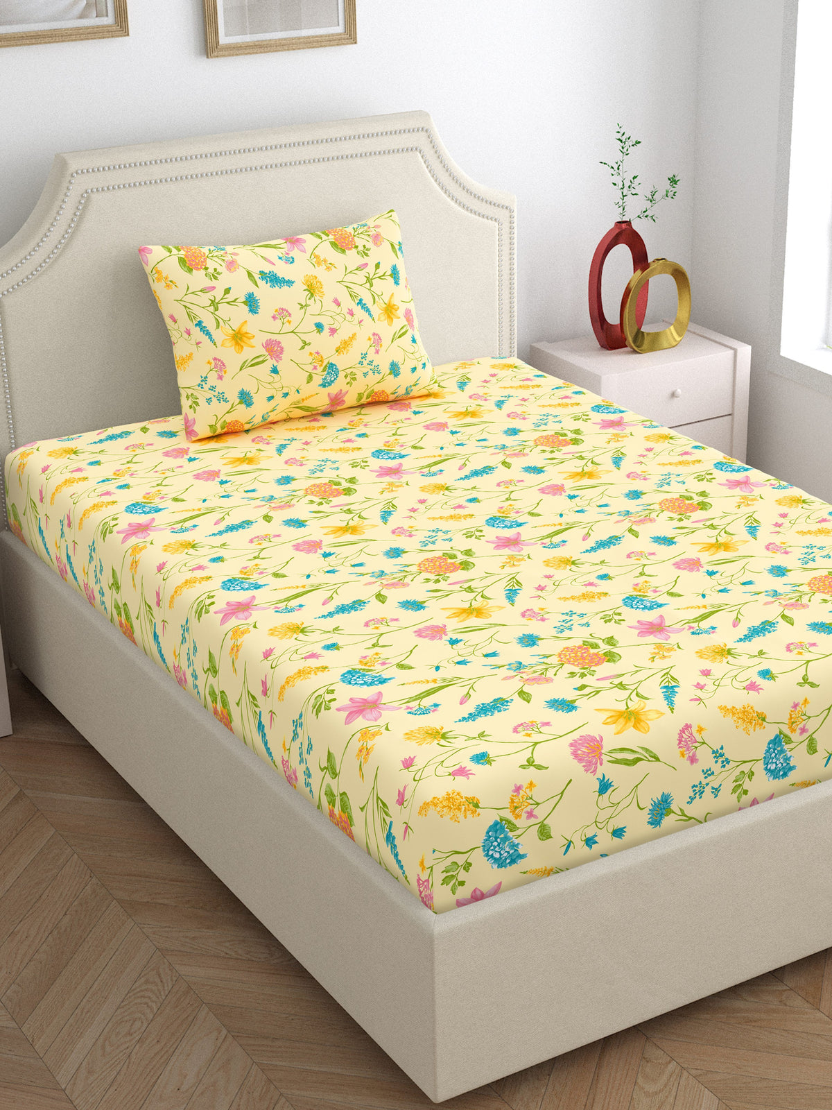 Home Ecstasy 100% Cotton 140 TC Floral Bedsheet Set - Colour: Cream