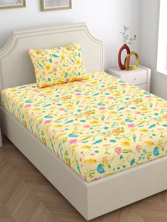 Home Ecstasy 100% Cotton 140 TC Floral Bedsheet Set - Colour: Cream