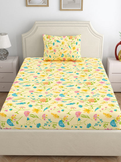 Home Ecstasy 100% Cotton 140 TC Floral Bedsheet Set - Colour: Cream
