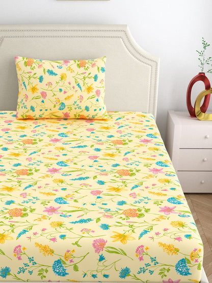 Home Ecstasy 100% Cotton 140 TC Floral Bedsheet Set - Colour: Cream