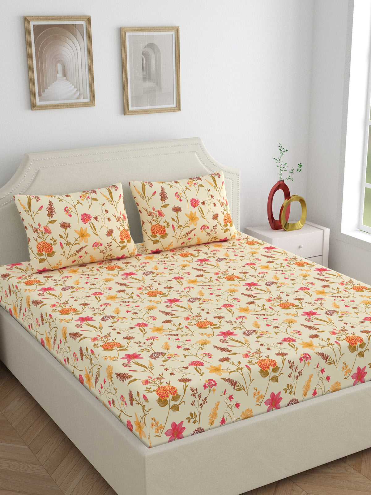 Home Ecstasy 100% Cotton 140 TC Floral Bedsheet Set - Colour: Beige