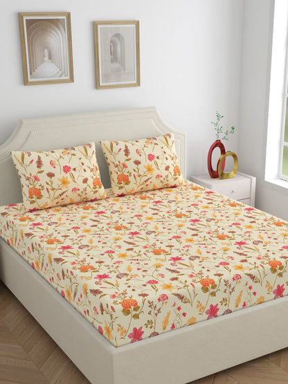 Home Ecstasy 100% Cotton 140 TC Floral Bedsheet Set - Colour: Beige