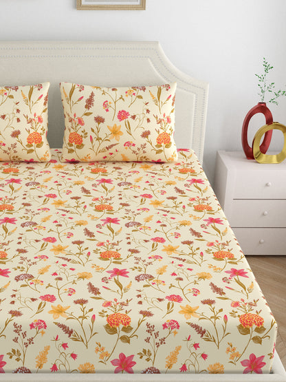 Home Ecstasy 100% Cotton 140 TC Floral Bedsheet Set - Colour: Beige