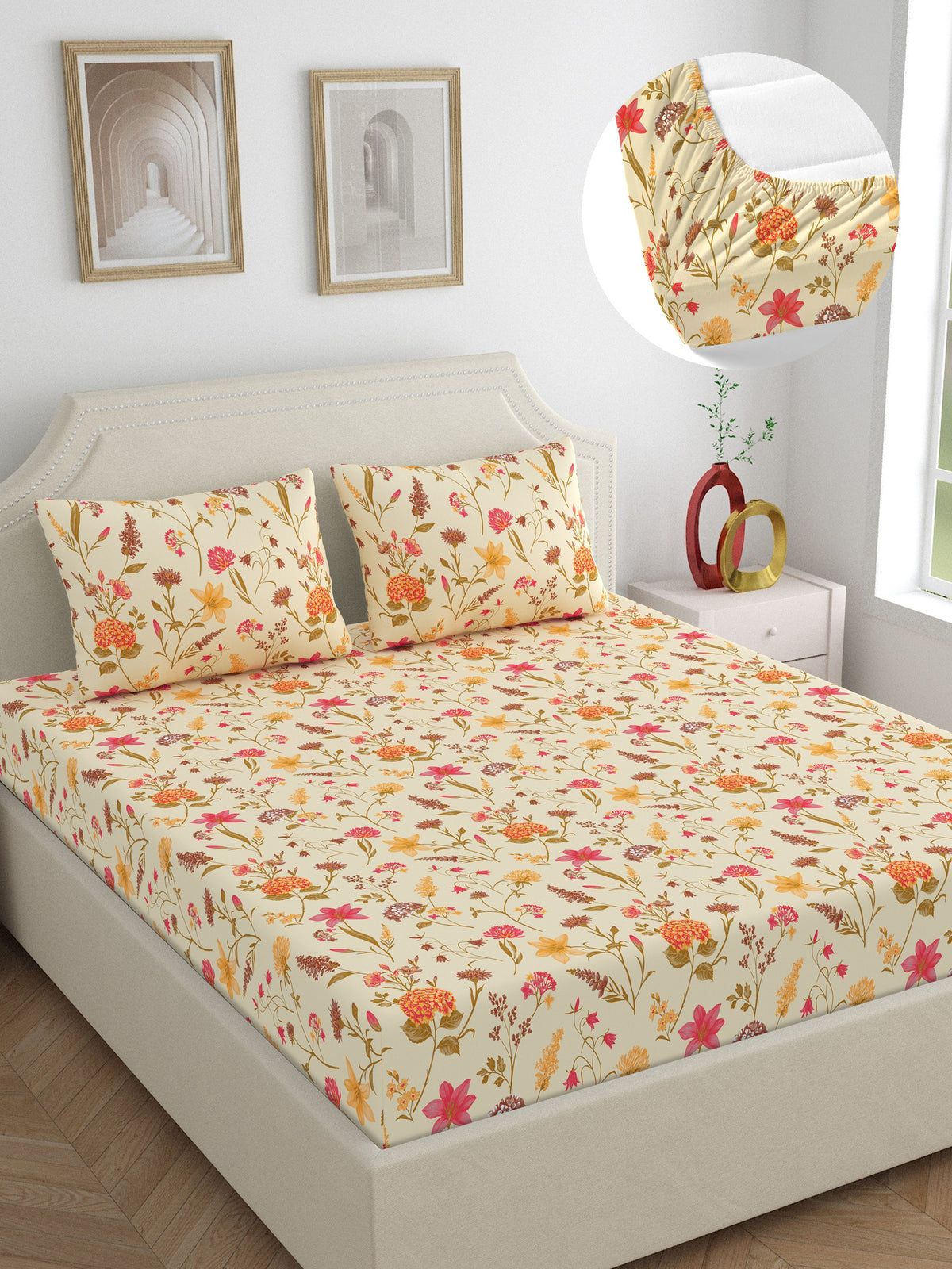 Home Ecstasy 100% Cotton 140 TC Floral Bedsheet Set - Colour: Beige