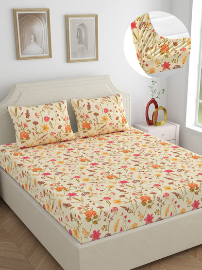 Home Ecstasy 100% Cotton 140 TC Floral Bedsheet Set - Colour: Beige