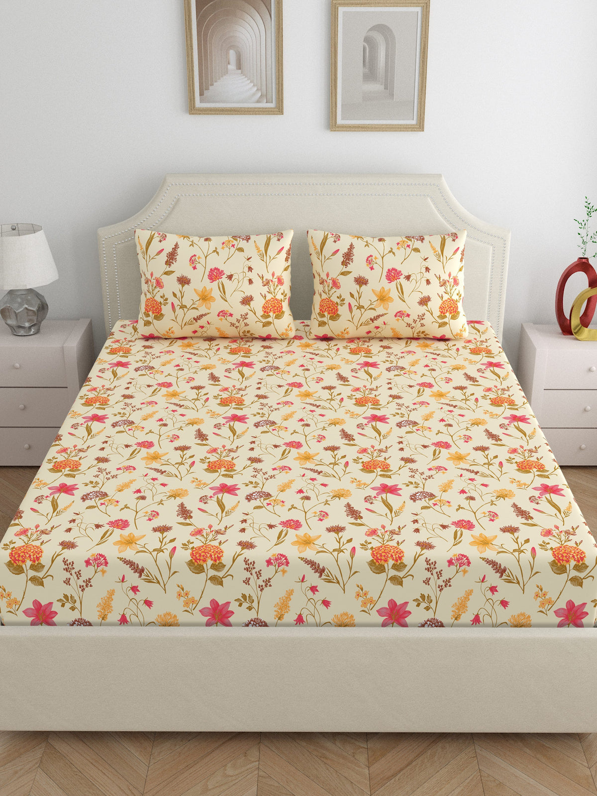 Home Ecstasy 100% Cotton 140 TC Floral Bedsheet Set - Colour: Beige