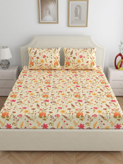 Home Ecstasy 100% Cotton 140 TC Floral Bedsheet Set - Colour: Beige