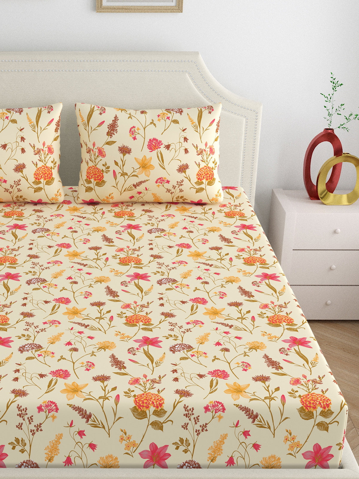Home Ecstasy 100% Cotton 140 TC Floral Bedsheet Set - Colour: Beige