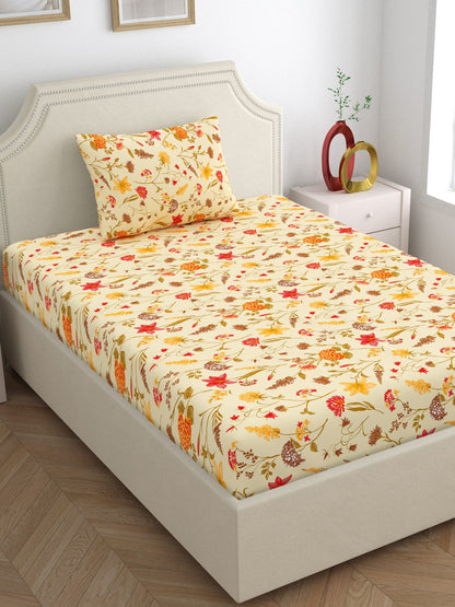 Home Ecstasy 100% Cotton 140 TC Floral Bedsheet Set - Colour: Beige