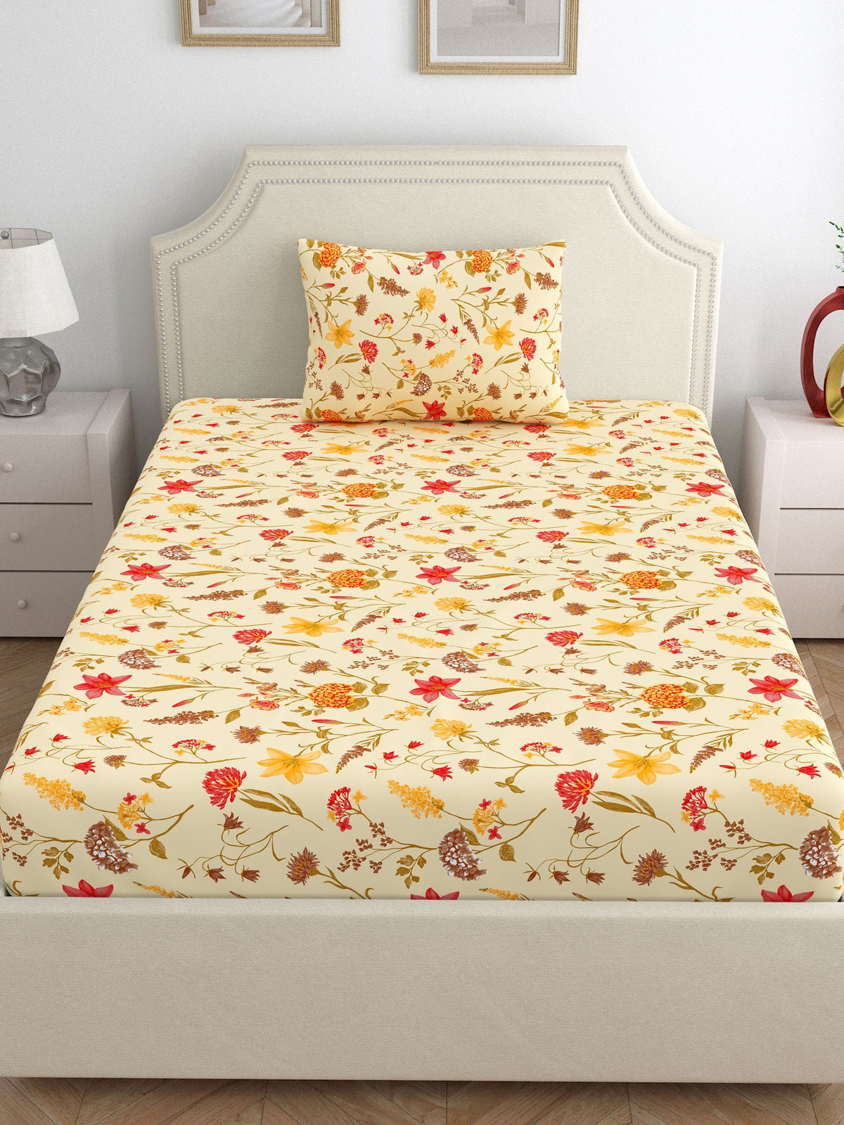 Home Ecstasy 100% Cotton 140 TC Floral Bedsheet Set - Colour: Beige