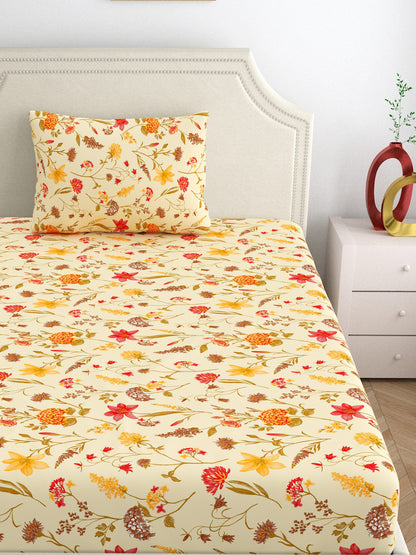 Home Ecstasy 100% Cotton 140 TC Floral Bedsheet Set - Colour: Beige