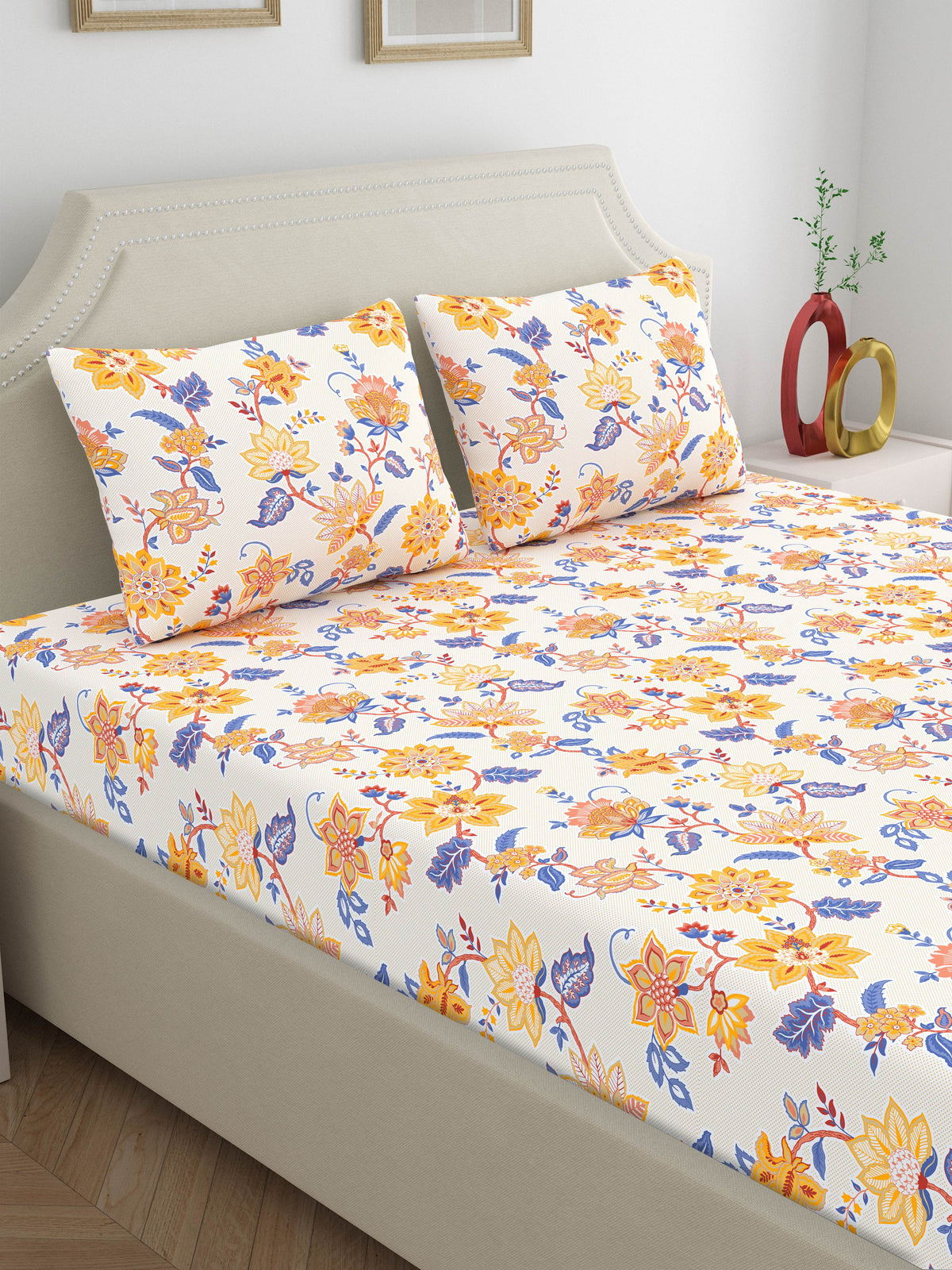 Home Ecstasy 100% Cotton 140 TC Floral Bedsheet Set - Colour: Yellow