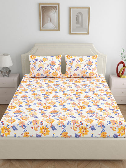 Home Ecstasy 100% Cotton 140 TC Floral Bedsheet Set - Colour: Yellow