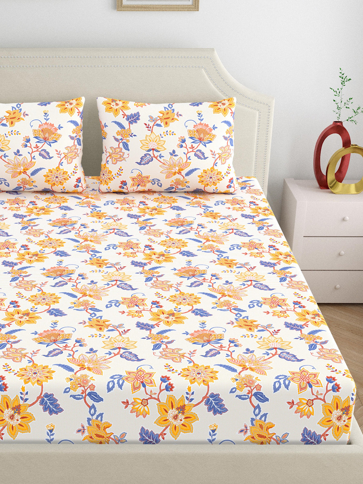 Home Ecstasy 100% Cotton 140 TC Floral Bedsheet Set - Colour: Yellow