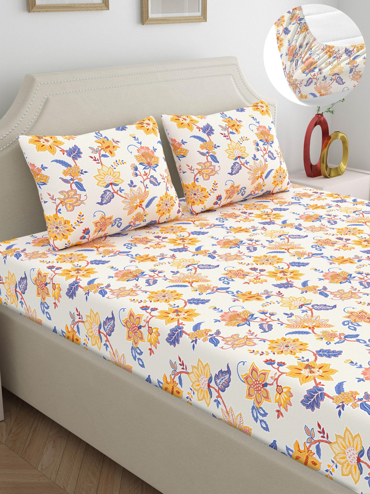 Home Ecstasy 100% Cotton 140 TC Floral Bedsheet Set - Colour: Yellow
