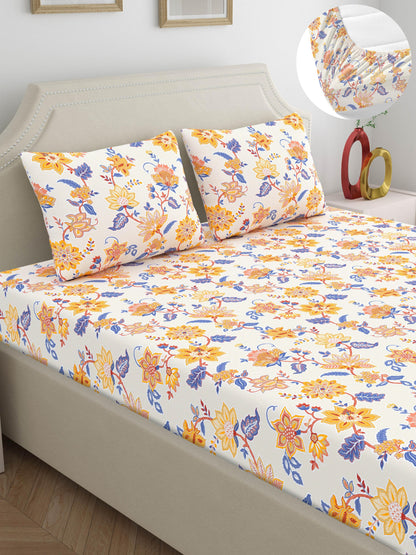 Home Ecstasy 100% Cotton 140 TC Floral Bedsheet Set - Colour: Yellow