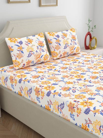 Home Ecstasy 100% Cotton 140 TC Floral Bedsheet Set - Colour: Yellow