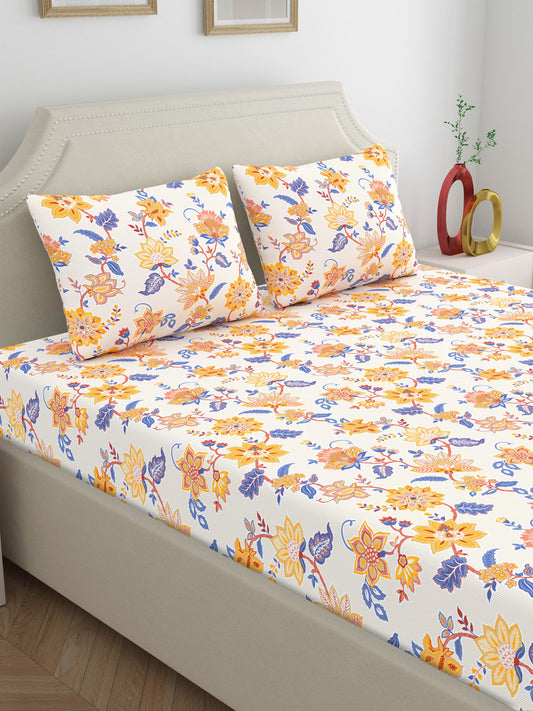 Home Ecstasy 100% Cotton 140 TC Floral Bedsheet Set - Colour: Yellow