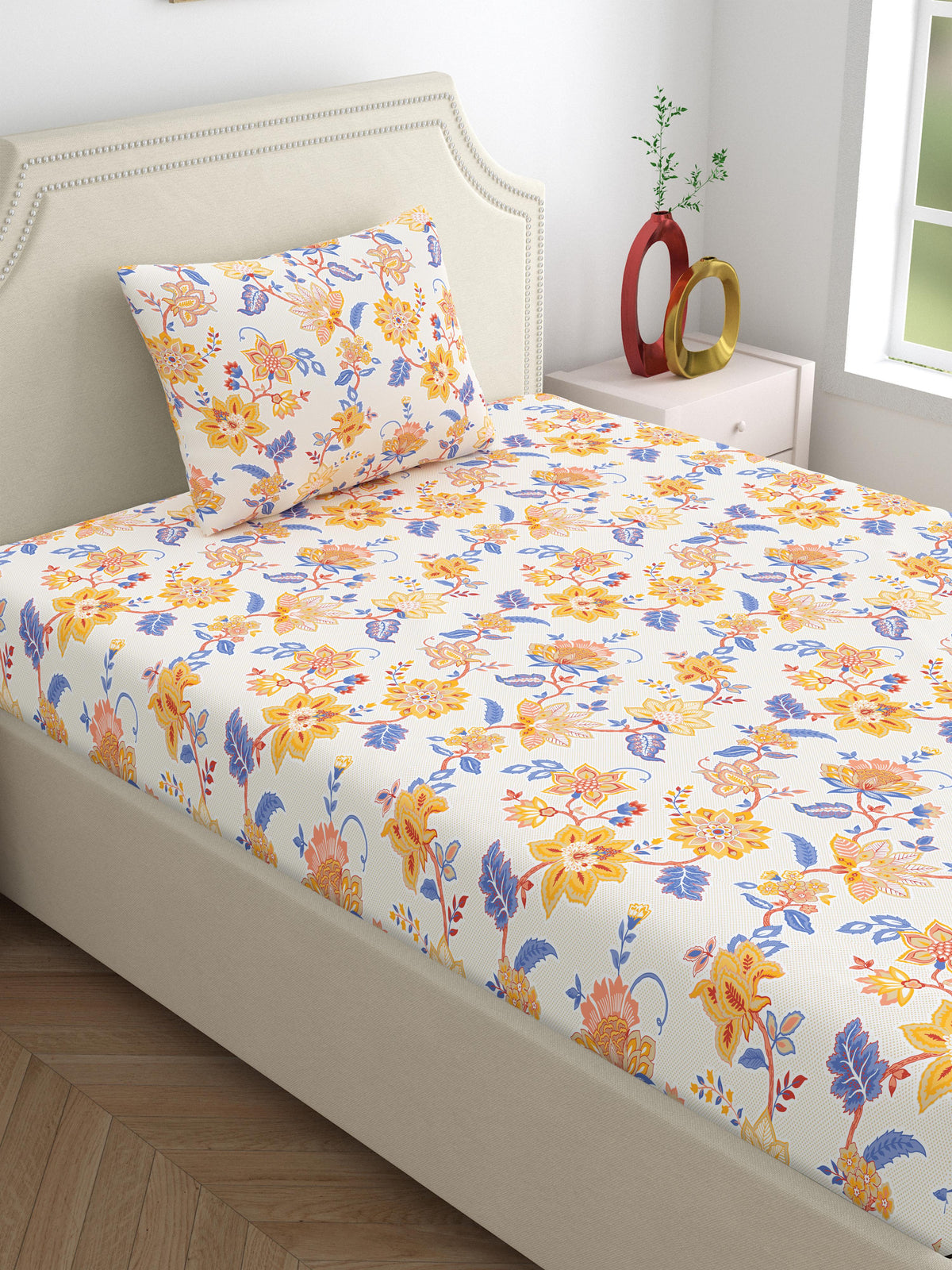 Home Ecstasy 100% Cotton 140 TC Floral Bedsheet Set - Colour: Yellow