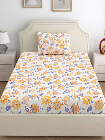 Home Ecstasy 100% Cotton 140 TC Floral Bedsheet Set - Colour: Yellow
