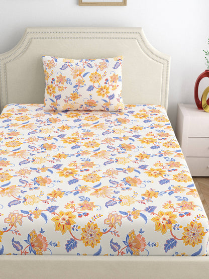 Home Ecstasy 100% Cotton 140 TC Floral Bedsheet Set - Colour: Yellow