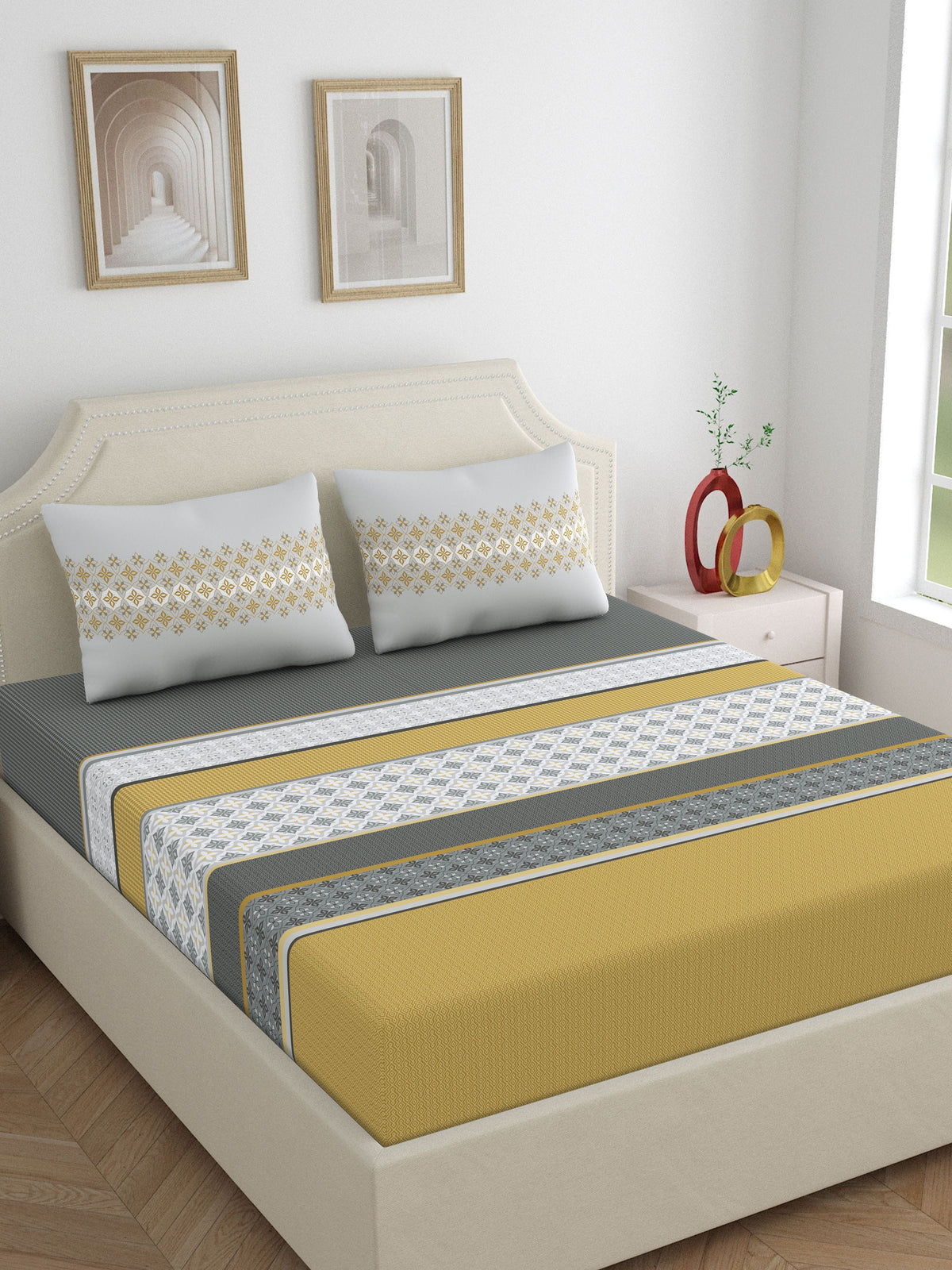 Home Ecstasy 100% Cotton 140 TC Ethnic Bedsheet Set - Colour: Grey