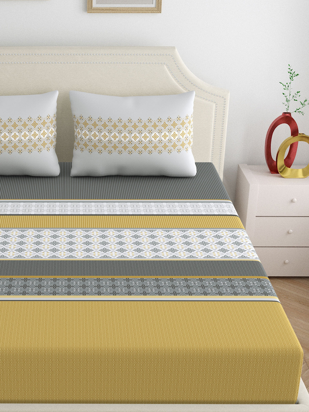 Home Ecstasy 100% Cotton 140 TC Ethnic Bedsheet Set - Colour: Grey