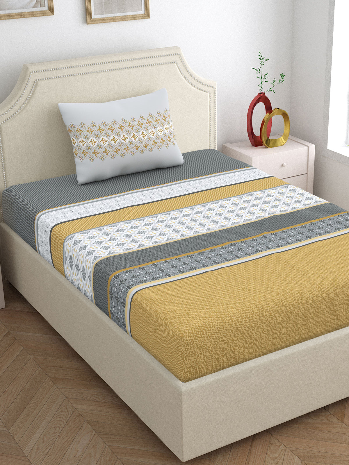 Home Ecstasy 100% Cotton 140 TC Ethnic Bedsheet Set - Colour: Grey