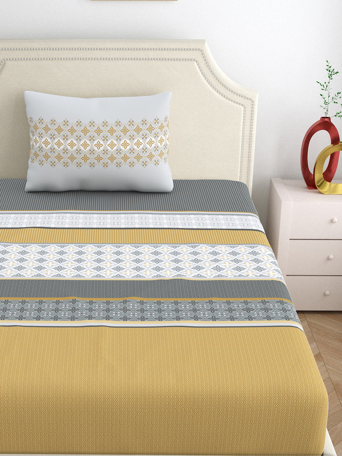 Home Ecstasy 100% Cotton 140 TC Ethnic Bedsheet Set - Colour: Grey
