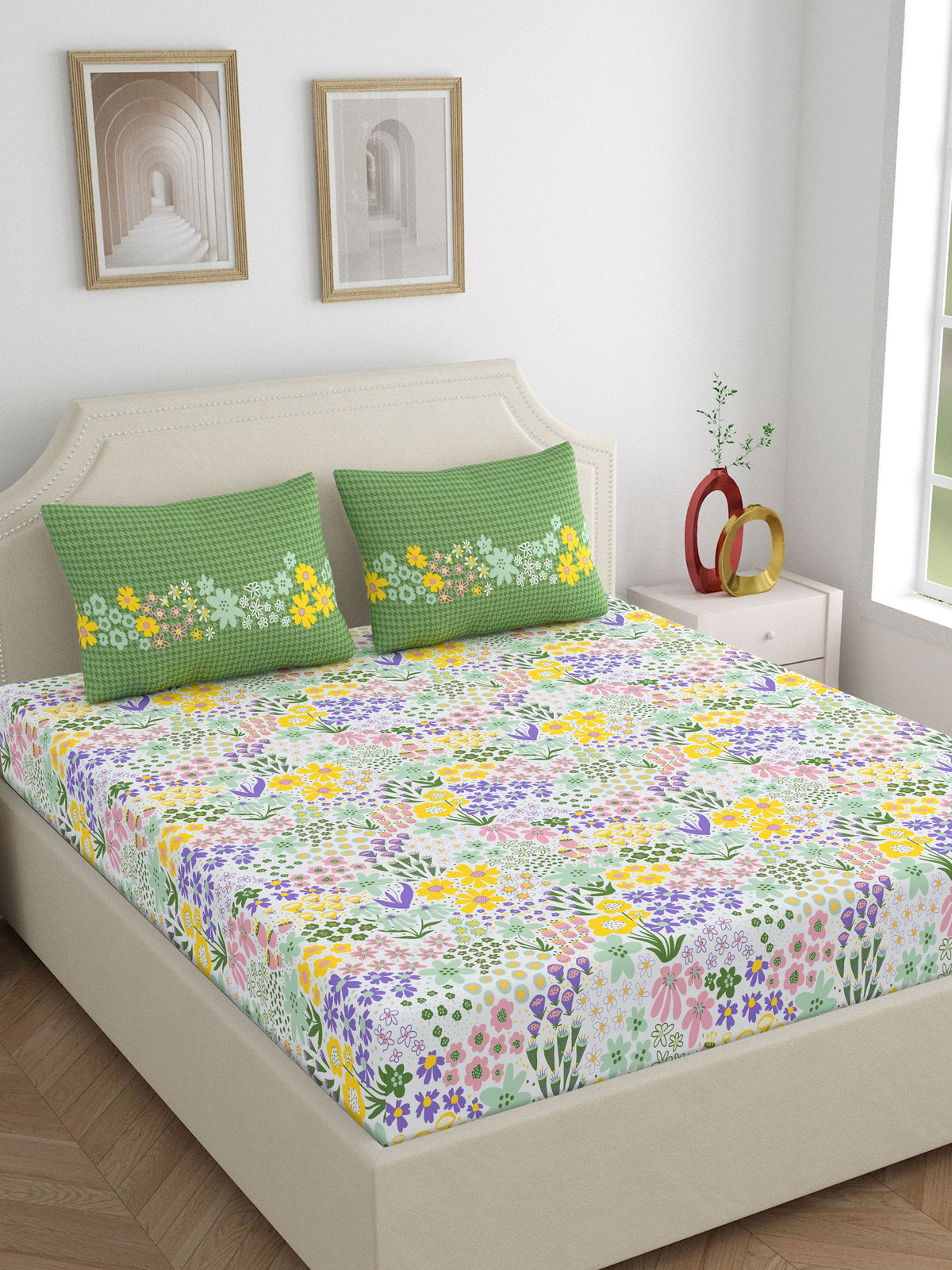 Home Ecstasy 100% Cotton 140 TC Floral Bedsheet Set - Colour: Green