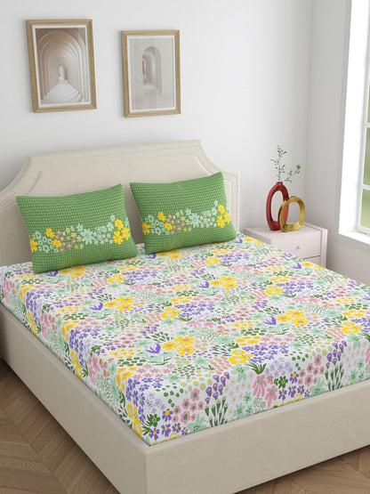 Home Ecstasy 100% Cotton 140 TC Floral Bedsheet Set - Colour: Green