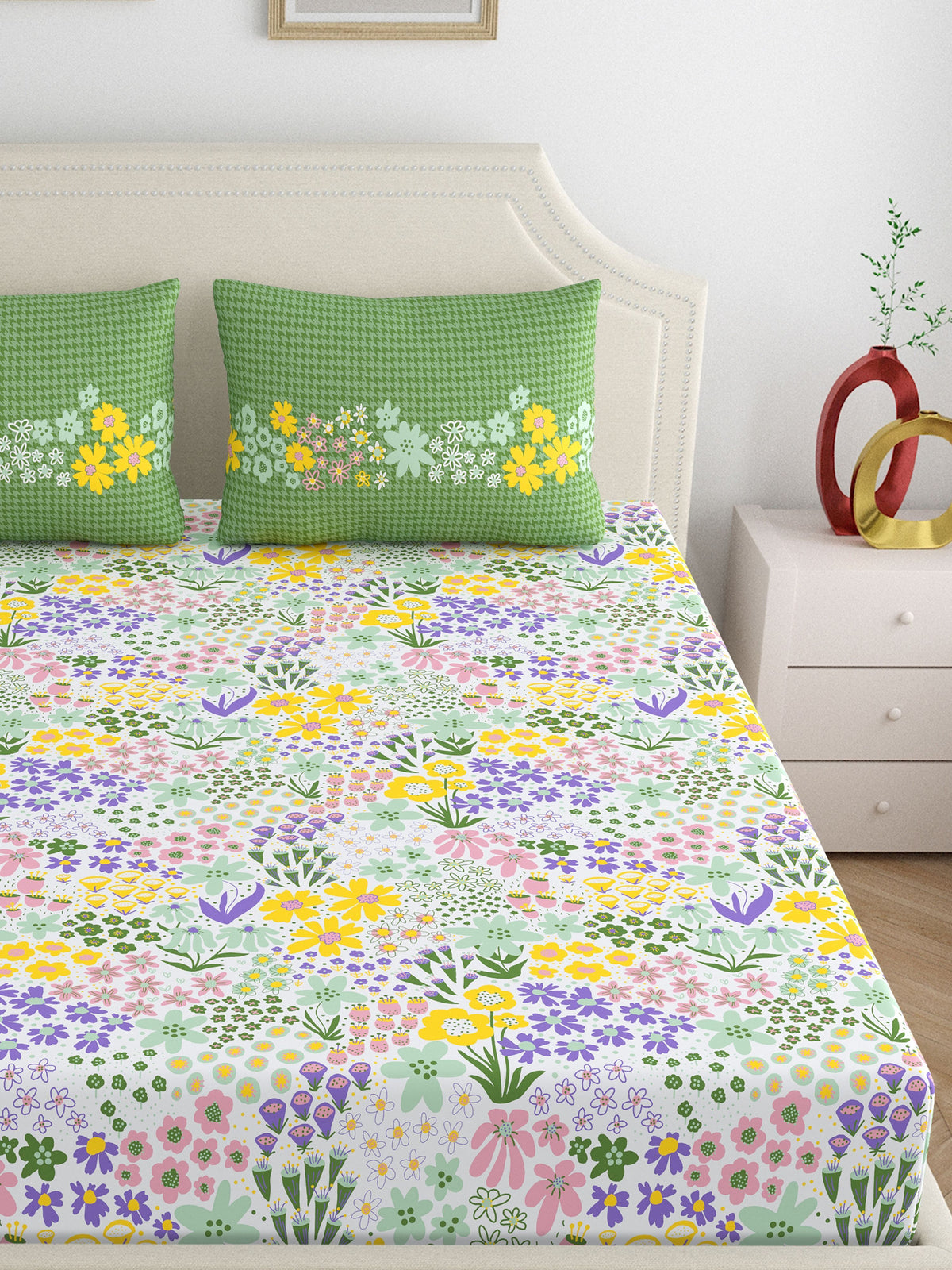 Home Ecstasy 100% Cotton 140 TC Floral Bedsheet Set - Colour: Green