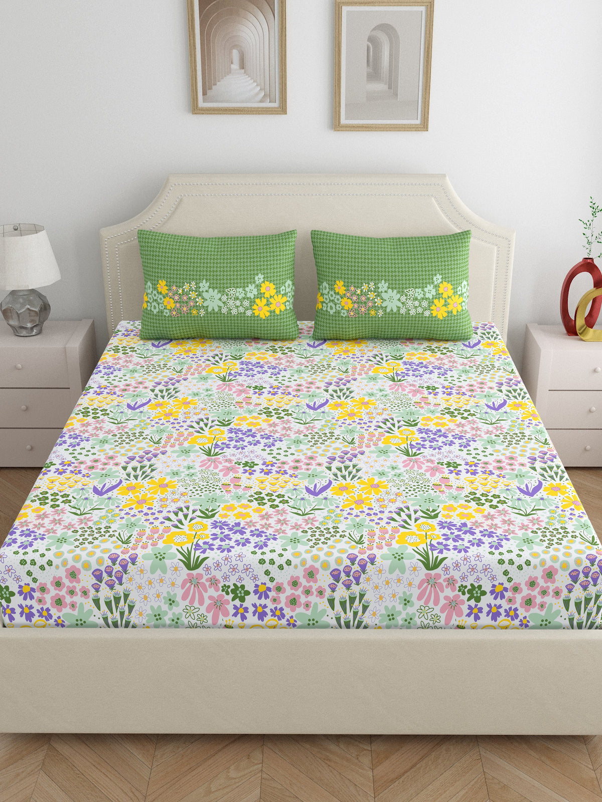Home Ecstasy 100% Cotton 140 TC Floral Bedsheet Set - Colour: Green
